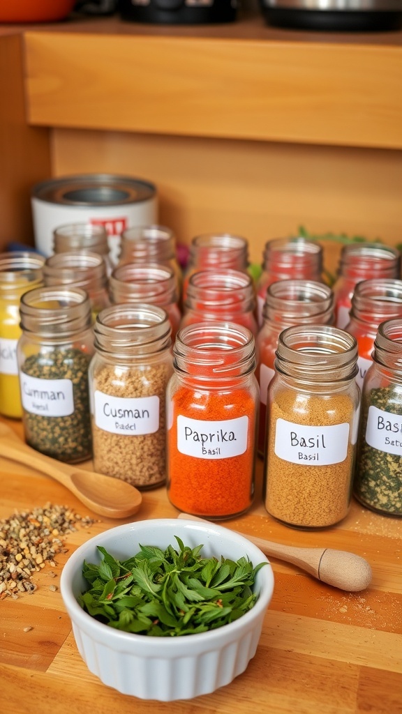 Colorful spices and herbs in glass jars on a wooden counter, labeled with names.